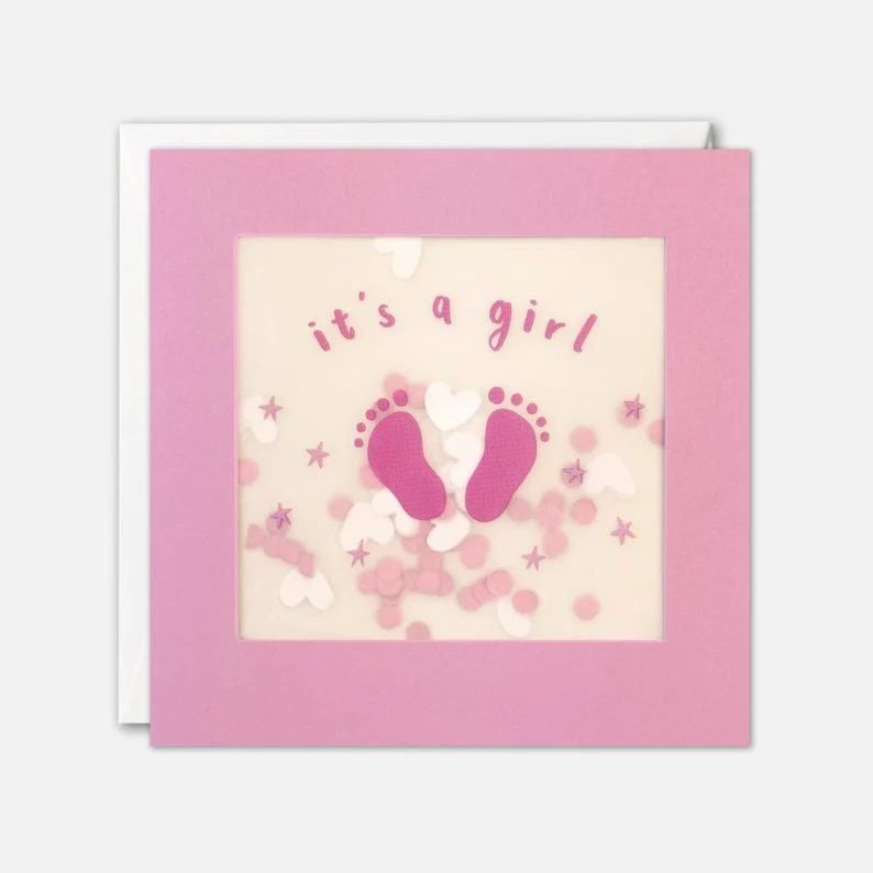Pink Feet New Baby Girl Card with Paper Confetti - Paper Shakie