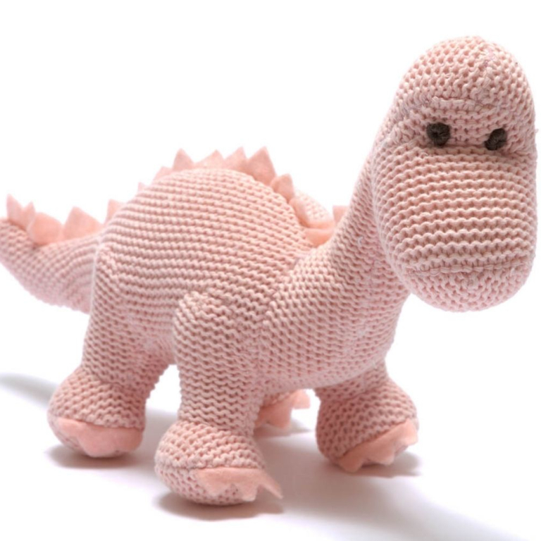 Knitted Organic Cotton Pink Diplodocus Dinosaur Baby Rattle