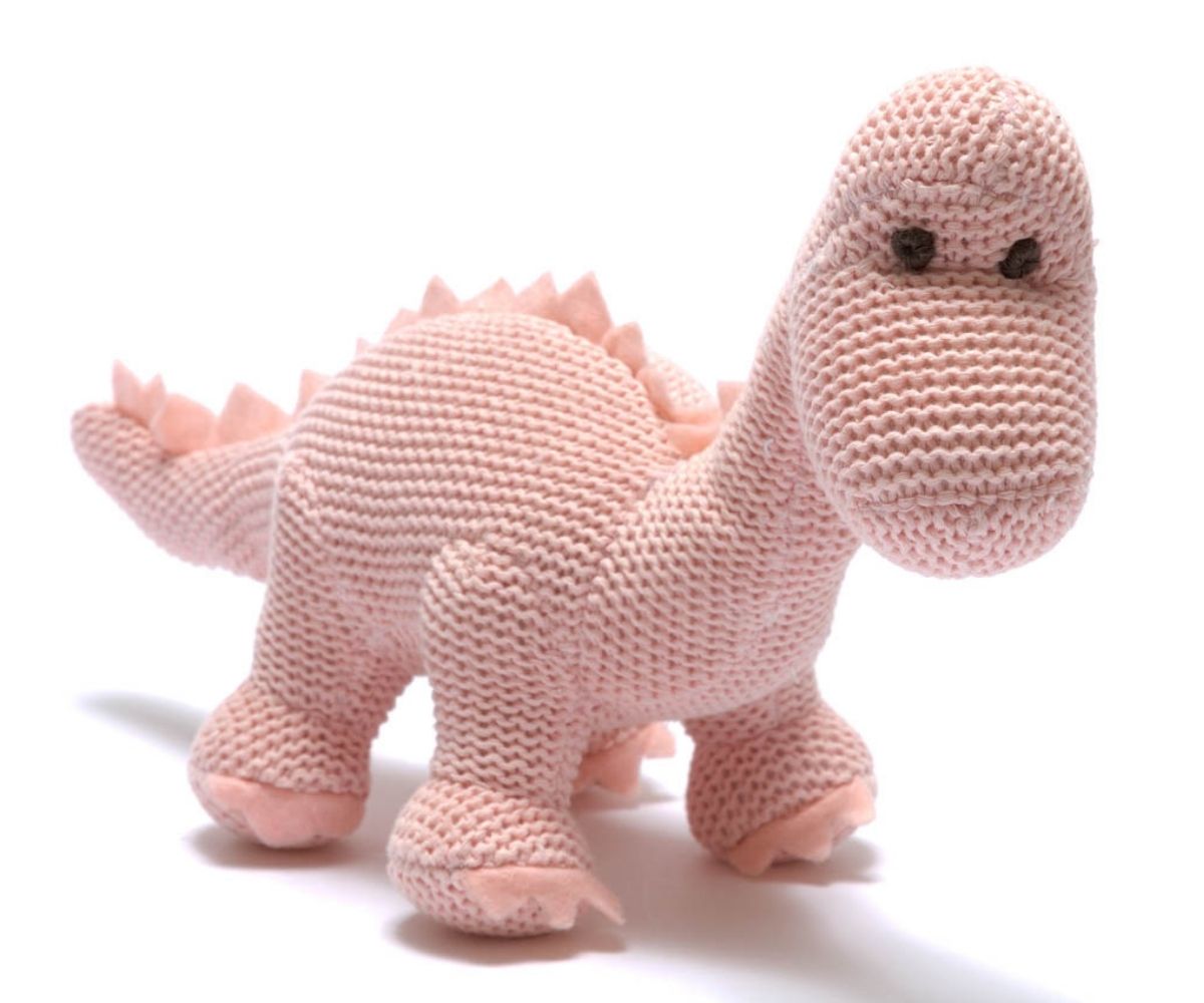 Knitted Organic Cotton Pink Diplodocus Dinosaur Baby Rattle