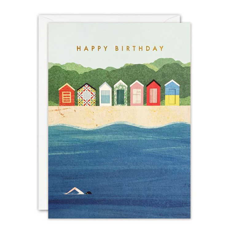Beach huts swimmer | Birthday card