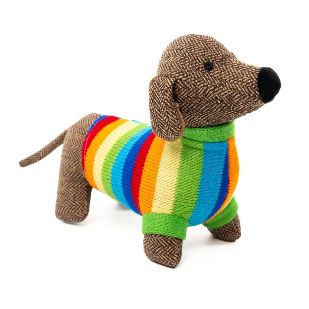 Tweed Sausage Dog Soft Toy with Bold Stripe Jumper