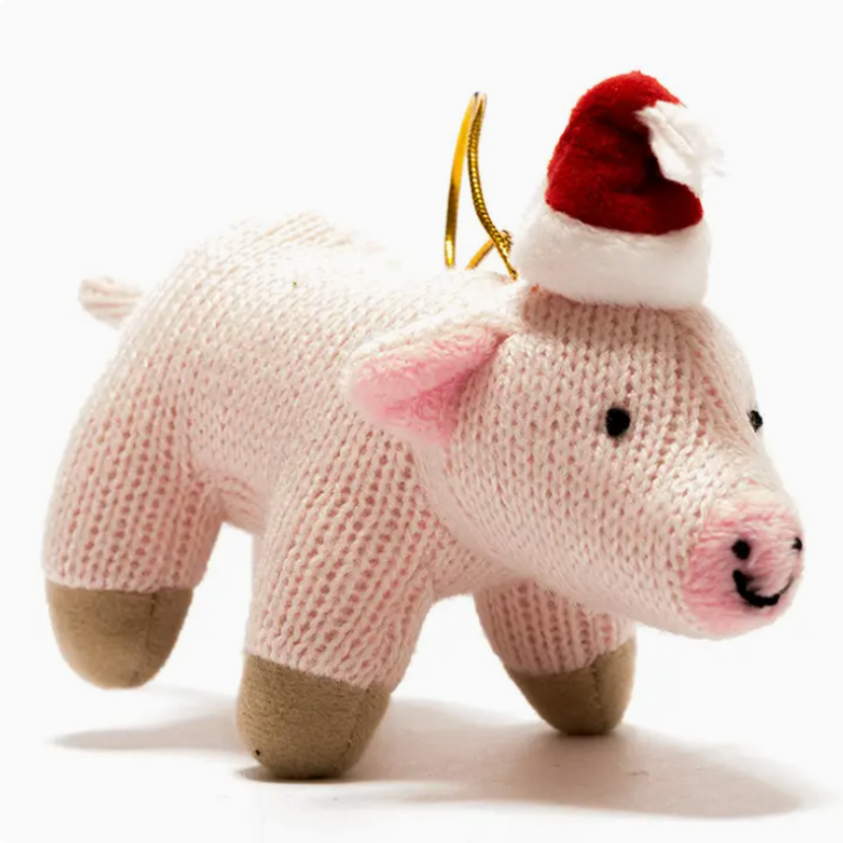 Pink Pig Christmas Decoration with Santa Hat Knitted