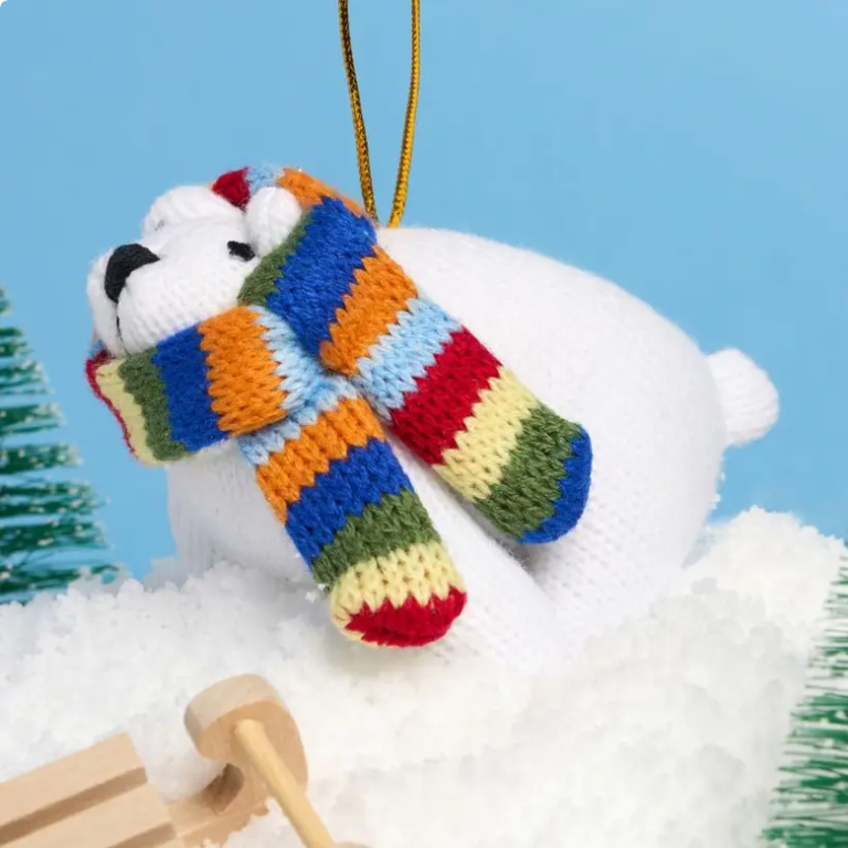 Polar Bear Hanging Christmas Decoration with Scarf Knitted